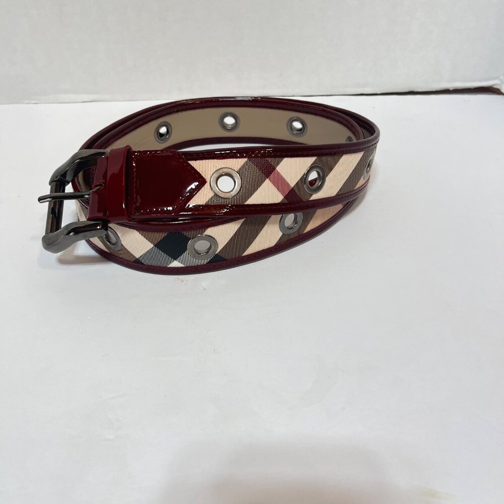 Burberry Women's Checkered Belt Size 40 Leather & Canvas Burgundy & Beige